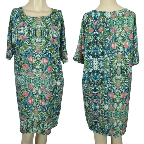 ICHI Womens Shift Dress Vibrant Floral Art Pattern Green & Pink Knee Length Sz S - Picture 1 of 16